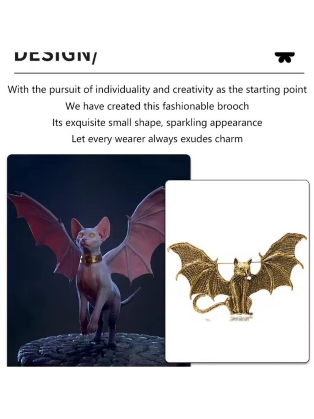 Gothic Bat Cat Brass Brooch - Picture 4 of 14